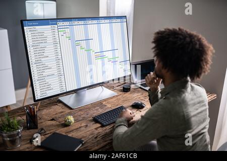 Junge Unternehmer arbeiten auf das Gantt-diagramm auf Computer im Büro Stockfoto