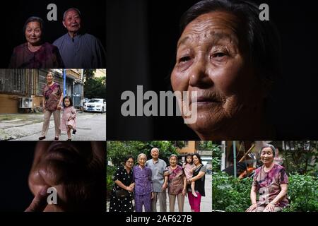 (191213) - Peking, Dez. 13, 2019 (Xinhua) - Combo Foto am Juli 13, 2019 zeigt Portrait von Cen Honglan, ein Überlebender der Nanjing Massaker (R, oben); Cen Honglan und sein Bruder Cen Honggui, auch eine Überlebende des Massakers (L, oben); Cen Honglan spielen mit Yu Huiyu, ihre Schwester Cen Hongying's Urenkelin (L, Zentrale); Cen Honglan zeigt ihre schusswunde von japanischen Invasoren (L, unten); Cen Honglan (3., R) für ein Foto mit ihrer Schwester Cen Hongying (2., L) und ihr Bruder Cen Honggui (3., L); Cen Honglan sitzen in einem Wohngebiet in Nanjing, in East China Jiangsu Pr posing Stockfoto