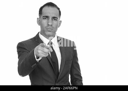 Reifen schönen persischen Geschäftsmann Zeigefinger an Kamera Stockfoto