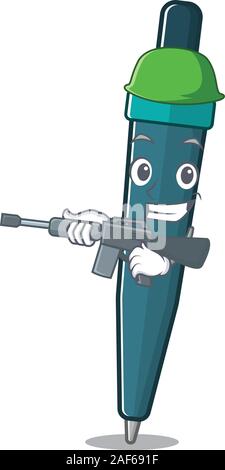 Ein Maskottchen der Füllfederhalter Blättern Armee mit Maschinengewehr Stock Vektor