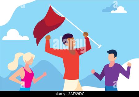 Gruppe von Menschen, die eine rote Fahne Vector Illustration Design Stock Vektor