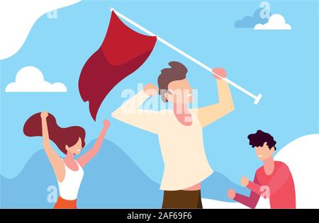 Gruppe von Menschen, die eine rote Fahne Vector Illustration Design Stock Vektor