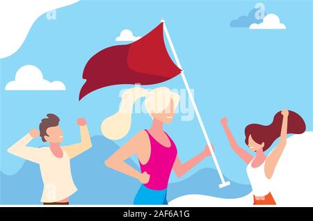 Gruppe von Menschen, die eine rote Fahne Vector Illustration Design Stock Vektor