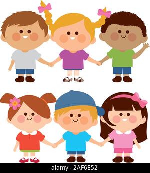 Glückliche Kinder. Gruppe von verschiedenen Kindern, die in einer Reihe stehen und die Hände halten. Freundschaftskonzept. Vektorabbildung Stock Vektor