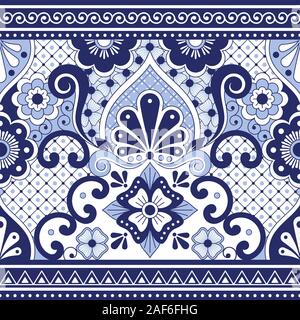 Mexican Talavera Poblana Vektor nahtlose Muster, sich wiederholende Hintergrund inspiriert durch traditionelle Töpferei und Keramik Design aus Mexiko in Marineblau Stock Vektor