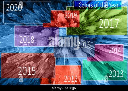 Farben des Jahres, trend Farben aus verschiedenen Jahren. Natürliche textile Hintergrund. Viele lange Eiszapfen Schuss von unten. Klingt wie eine Explosion. Stockfoto