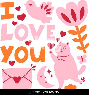 Valentinstag Romanze Grußkarte mit Katze, Vogel, Blume, Herz, Liebesbrief, Schmetterling, Crescent, Cloud. Ich liebe Dich - Hand gezeichnet Schriftzug Zitat. Stock Vektor
