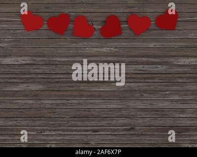 Holz flach Hintergrund mit Herz aus Papier zu erfassen, indem ein Thread Ansicht von oben - 3D-Rendering Stockfoto