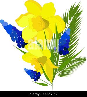 Strauß Blumen auf weißem Hintergrund. Vector Illustration. Tulpen, Narzissen und Zweige der Palmen. Isolierte Element zum Anlegen Stock Vektor