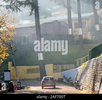 Lichtschächte trafen im Morgennebel auf die Bäume und die Gebäude der Almora-Kantonalbe. Ein Maruti Suzuki fährt die Straße hinunter. Stockfoto