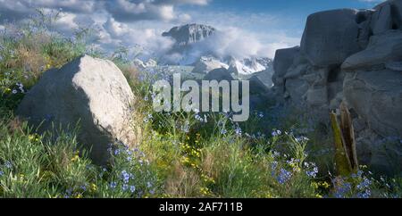 Frisch und Wild Mountain Rocky wiese landschaft mit entfernten Berg teilweise in Wolken sichtbar. 3D-Rendering. Stockfoto