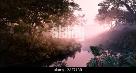 Fantasy Sonnenuntergang am Abend im Dschungel Paradies. Dichten Regenwald Vegetation, ruhigen Teich in Misty volumetrischen Licht. 3D-Rendering. Stockfoto