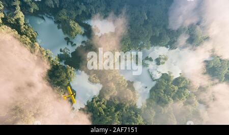 Luftaufnahme von Misty rainforest Seen in Form der Kontinente im dichten Dschungel Vegetation im schönen späten Abend licht. 3D-Rendering Stockfoto