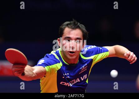 (191213) - ZHENGZHOU, Dez. 13, 2019 (Xinhua) - Hugo Caledrano Brasiliens gibt einen Schuß während der Männer singles Umlauf von 16 Match gegen Mizutani Jun von Japan im Jahr 2019 ITTF World Tour Grand Finals in Zhengzhou, Chinas Provinz Henan, Dez. 13, 2019. (Xinhua/Li Jianan) Stockfoto