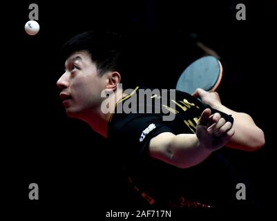 (191213) - ZHENGZHOU, Dez. 13, 2019 (Xinhua) - Ma Lange von China dient während der Männer singles Umlauf von 16 Match gegen Jeoung Youngsik von Südkorea im Jahr 2019 ITTF World Tour Grand Finals in Zhengzhou, der Central China Provinz Henan, Dez. 13, 2019. (Xinhua/Li an) Stockfoto