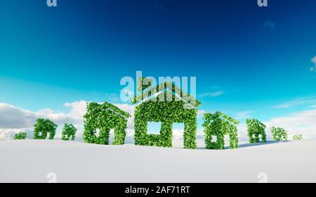 Nachhaltige Eco Village Konzept. 3D-Rendering des Hauses Symbole auf Schnee im Winter Feld mit blauen Himmel im Hintergrund. Stockfoto