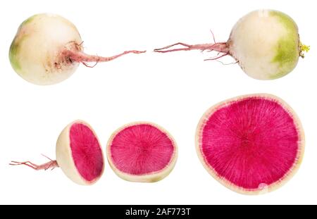 Ganzen und geschnittenen Wassermelone Rettiche auf weißem Hintergrund Stockfoto