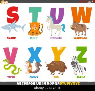Cartoon Illustration von bunten Alphabet Set aus dem Buchstaben S bis Z mit lustigen Tier Zeichen Stock Vektor