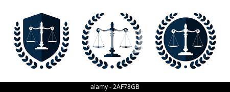 Anwaltskanzlei Logo. Law Office Logos mit Waage der Gerechtigkeit. Symbole der rechtlichen Zentren oder Gesetz befürwortet. Waage der Gerechtigkeit Symbole. Juristischer embl Stock Vektor