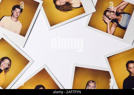 Instant Film Fotos von jungen Frauen und Männern für die Modellierung Casting im Studio auf weißem Hintergrund Stockfoto