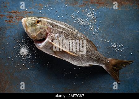 Köstlich frischer Fisch auf vintage Hintergrund. Gesunde Ernährung essen oder kochen Konzept Stockfoto