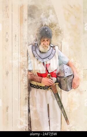Outdoor Pose eines Mannes in authentischen Templer Outfit oder kreuzritter Kostüm stehen vor dem Hintergrund eines mittelalterlichen französischen Schloss gekleidet Stockfoto