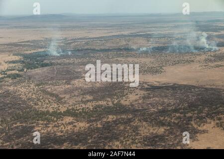 Tansania. Luftaufnahme, Serengeti National Park, kontrolliertes Brennen. Brennen regt neue Wachstums- und reduziert die Tsetse Fliege Bevölkerung. Stockfoto