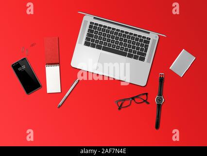 Moderne Büro Schreibtisch mockup Draufsicht rot, isoliert Stockfoto