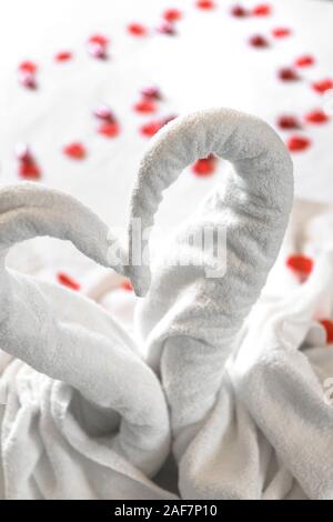Weiß zwei Handtuch Schwäne auf dem Bett, bestreut mit roten Blütenblättern. Das handtuch aussehen wie Herz und Es ist für die Paare, die in der Honig Mond vorzubereiten. Ideal für selbst Stockfoto