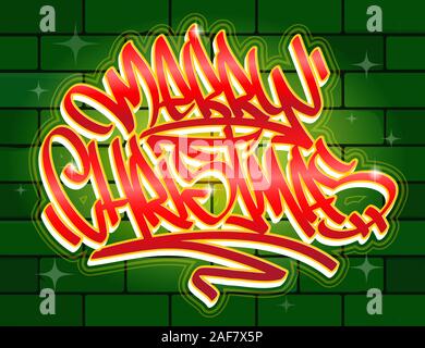 Frohe Weihnachten Schriftzug Grußkarte in Graffiti style in lebhaften Farben auf Mauer Hintergrund. Stock Vektor