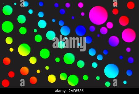 3D-Effekt Abbildung mit mehreren Größen bunten Kreise gegen einen dunklen Hintergrund. Spektrum farbigen Blasen, Gradient geometrische nahtlose Muster Stockfoto