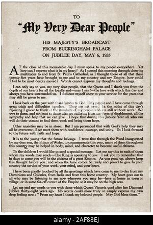 George V - eine Kopie des Königs Jubiläum Rede 6. Mai 1935. George Frederick Ernest Albert 1865-1936 war auch der 1. britischen Monarchen einen jährlichen Beitrag an Weihnachten am Radio zu liefern, eine Veranstaltung, danach jährliche wurde. Stockfoto