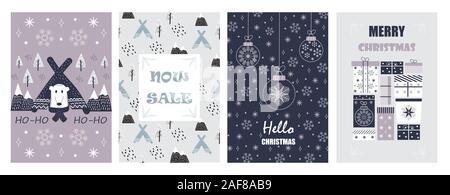 Weihnachten Kugeln auf Gruß xmas-Karten in Grenzen, Eisbär, wigwams im skandinavischen Stil. Schneeflocken fallen. Promo Geschenk, winter sale Poster Stock Vektor