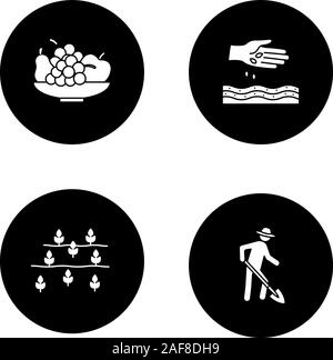 Landwirtschaft Glyphe Symbole gesetzt. Schüssel mit Obst, hand Säen, Feld, Landwirt mit Schaufel. Vektor weisse Silhouetten Abbildungen in schwarzen Kreisen Stock Vektor