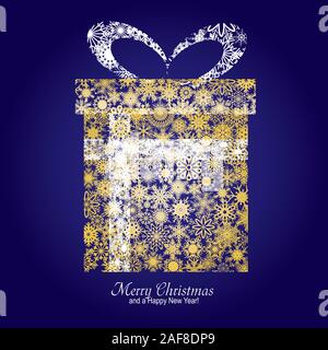 Weihnachtskarte mit Geschenk Box von Gold Schneeflocken auf blauem Hintergrund gemacht und einen Wunsch Frohe Weihnachten und einen guten Rutsch ins Neue Jahr, Vektor, Abbildung Stock Vektor