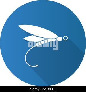 Fliegenfischen flache Bauweise lange Schatten glyph Icon. Insekt Köder. Dragonfly locken. Vektor silhouette Abbildung Stock Vektor