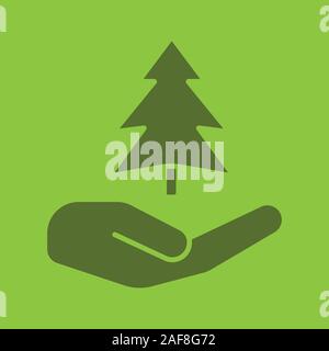 Hand mit Tannenbaum Glyphe Farbe Symbol Öffnen. Silhouette Symbol. Speichern Wälder. Negativer Platz. Vektor isoliert Abbildung Stock Vektor