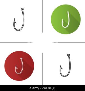Haken Symbole gesetzt. Flache Bauweise, linear, Schwarz und Farbe. Angelhaken. Angelausrüstung. Isolierte Vektorgrafiken Stock Vektor
