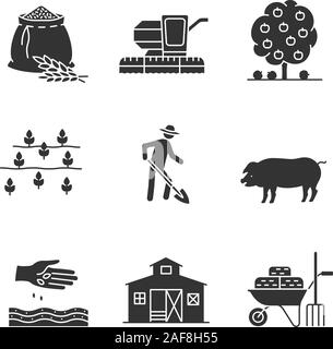 Landwirtschaft Glyphe Symbole gesetzt. Landwirtschaft silhouette Symbole. Mehl Beutel, Mähdrescher, Obst Baum, Feld, Landwirt mit Schaufel, Schwein, Scheune, Aussaat, Rad Stock Vektor