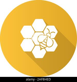 Imkerei flache Bauweise lange Schatten glyph Icon. Honig Bienen auf Wabe. Bienenhaus. Vektor silhouette Abbildung Stock Vektor