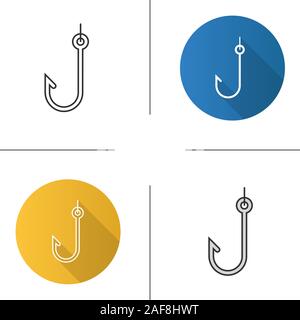 Haken Symbole gesetzt. Flache Bauweise, linear, Schwarz und Farbe. Angelhaken. Angelausrüstung. Isolierte Vektorgrafiken Stock Vektor