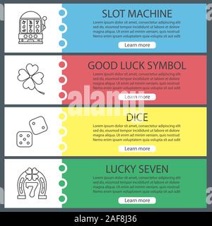 Casino Web Banner Vorlagen eingestellt. Slot machine, Four Leaf Clover, Würfel, Glück, sieben. Website Farbe Menüpunkte mit linearen Symbolen. Vektor header Design Stock Vektor