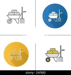 Schubkarre mit Heu- und Heugabel licon. Flache Bauweise, lineare und Farbe Stile. Landwirtschaftliche Arbeiten. Isolierte Vektorgrafiken Stock Vektor