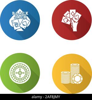 Casino flache Bauweise lange Schatten Glyphe Symbole gesetzt. Blackjack, vier Asse in der Hand, Roulette, spielmarken Stack. Vektor silhouette Abbildung Stock Vektor