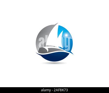 Sphärische boot Yacht in negativen Raum logo mit Sonne im Sommer Ocean Wave Stock Vektor