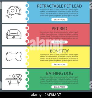 Haustiere liefert Web Banner Vorlagen eingestellt. Website Farbe Menüpunkte mit linearen Symbolen. Pet führen, Tier Bett, Knochen kauen Spielzeug, Baden Hund. Vektor Header d Stock Vektor