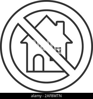 Verboten Schild mit Haus lineare Symbol. Dünne Linie Abbildung. Gebäude verbot. Stop Kontur Symbol. Vektor isoliert Maßbild Stock Vektor