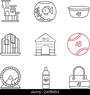 Haustiere liefert lineare Symbole gesetzt. Cat's House, Aquarium, Hund, Vogel, Hundehütte, Spielzeug ball, Hamsterrad, Shampoo, Haustiere Träger. Dünne Linie contou Stock Vektor