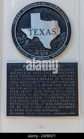 Marfa, Texas. Historische Marker, El Paisano Hotel. Stockfoto