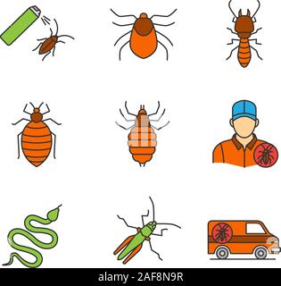Schädlingsbekämpfung farbige Symbole gesetzt. Kakerlaken abweisend, Bettwanzen, Laus, Termiten, Schlange, Heuschrecke, der exterminator Auto, milbe. Isolierte Vektor illustrati Stock Vektor